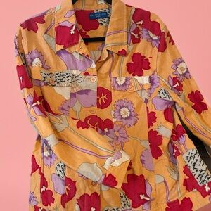 Karen Scott Women’s Floral Button Down Shirt - Orange and Red